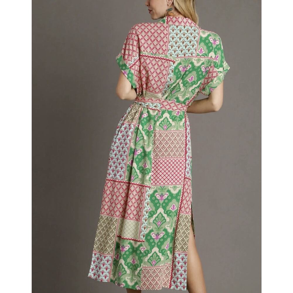 Umgee Patchwork Mixed Print Midi Dress Sz M Pink Green Floral Boho Beachy Artsy - Picture 2 of 15